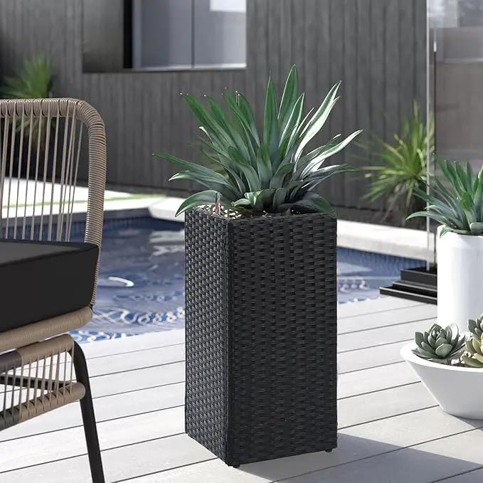 LEWIS&WAYNE Set of 2 Tall Planters for Outdoor Plants Handmade 24'' Wicker Tall Square Planter Box with Removable Liners Modern Planter for Indoor Outdoor Garden Patio Front Porch - Black by GreenHaven Gardens