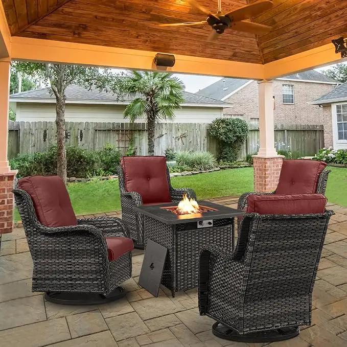 5 Pieces Patio Wicker Furniture Set - 4 Outdoor Swivel Rocker Glider Chairs with 50000BTU Propane Fire Pit Table, Warm Patio Conversation Set Red Cushion Perfect for Casual Gathering by GreenHaven Gardens