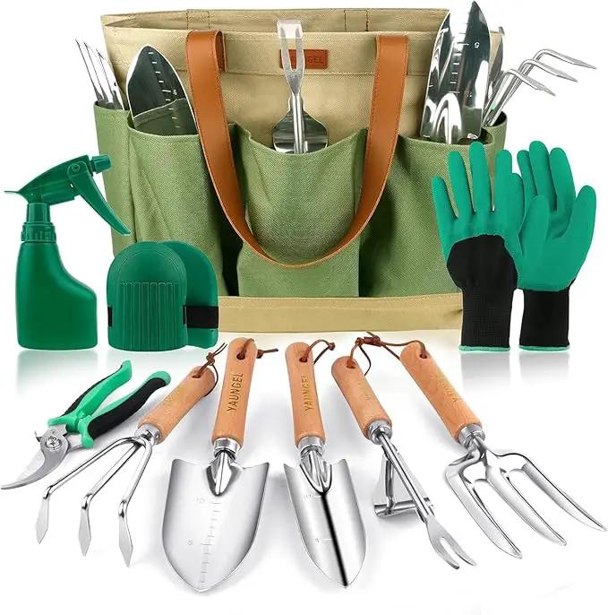 YAUNGEL Gardening Tools - 10 Pcs Garden Tool Set Heavy Duty Stainless Steel Garden Supplies Hand Tools with Wooden Handle, Storage Tote Bag, Gardening Gifts for Women and Men by GreenHaven Gardens