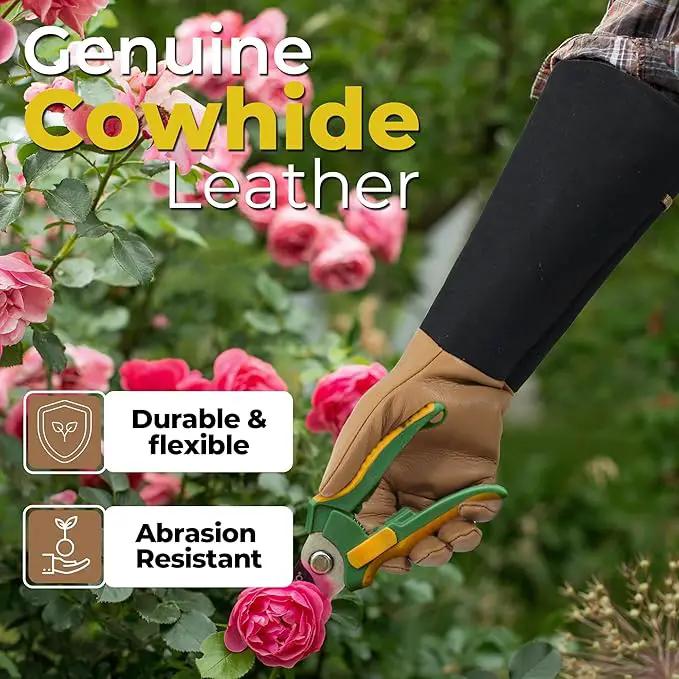 HANDLANDY Long Gardening Gloves for Men & Women, Cowhide Leather Rose Pruning Gloves, Breathable Thorn Proof Gauntlet Glove (Brown-Cowhide, M) by GreenHaven Gardens