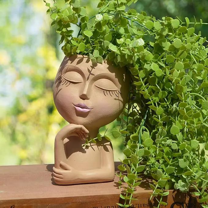 Face Planters Pots Head Planter, Plant Pots with Heads for Plants, Lady Statue Plant Pot, Unique Flower Pots with Drainage, Thinking Women Statue, Boho Vase, Cute Vases Home Decor Gift (7 Inch Khaki) by GreenHaven Gardens