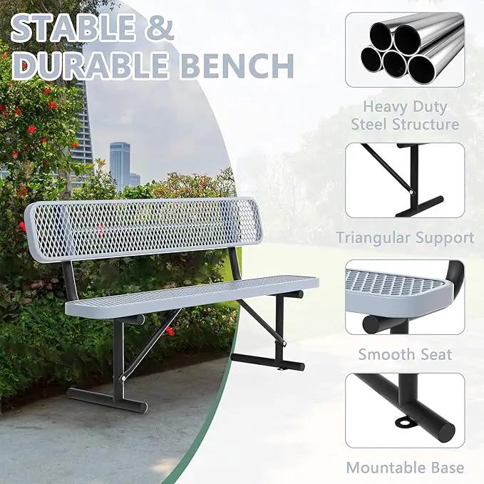 Heavy Duty Park Bench with Back Portable Frame, Outdoor Steel Bench with Backrest, Outdoor Park Bench Expanded Metal Mesh Bench for Lawn, Park, Deck, Garden, Patio, Porch, Black (Gray, 8FT) by GreenHaven Gardens