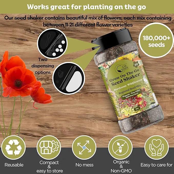 Geva Grow on The Go Seed Shaker - Northwest Wildflower Seeds Regional Mix - Organic, Non-GMO - 100% Pure Seed - 20 Different Wildflowers Seeds of Annual and Perennial, 8oz by GreenHaven Gardens