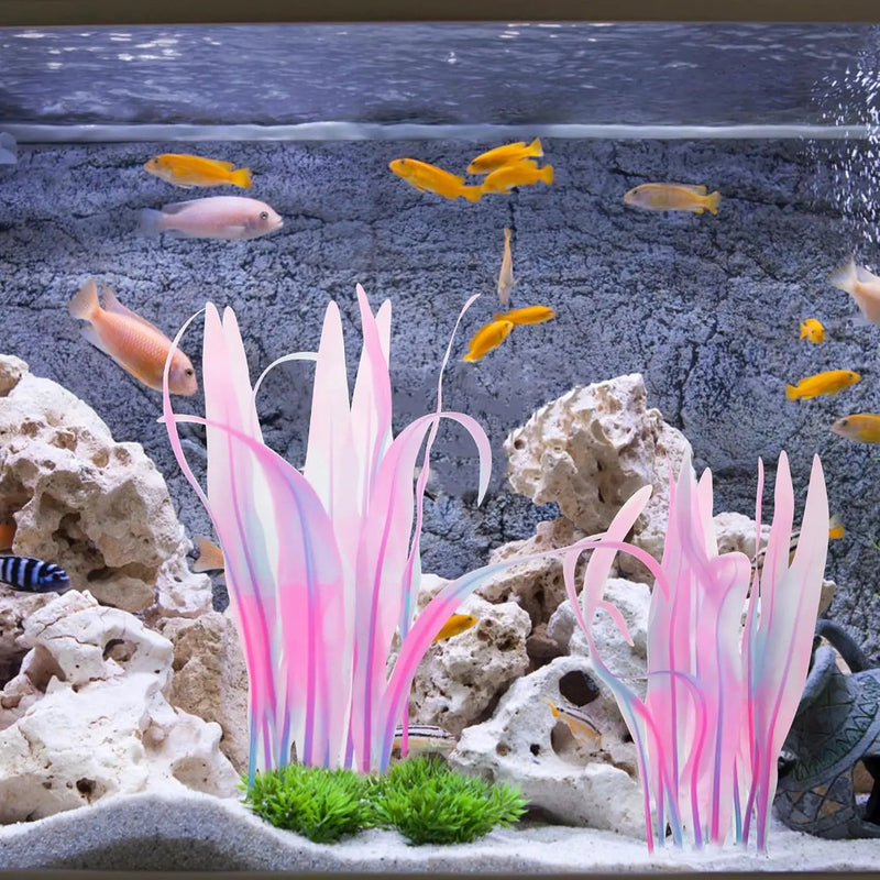 Kaiyuan Dynasty 2pc Aquarium Decor Plastic Plants Fish Tank Artificial Plants Glowing Aquarium Kelp Move with Water Flows Soft Silicone Aquatic Seaweed,7inch,Pink by GreenHaven Gardens