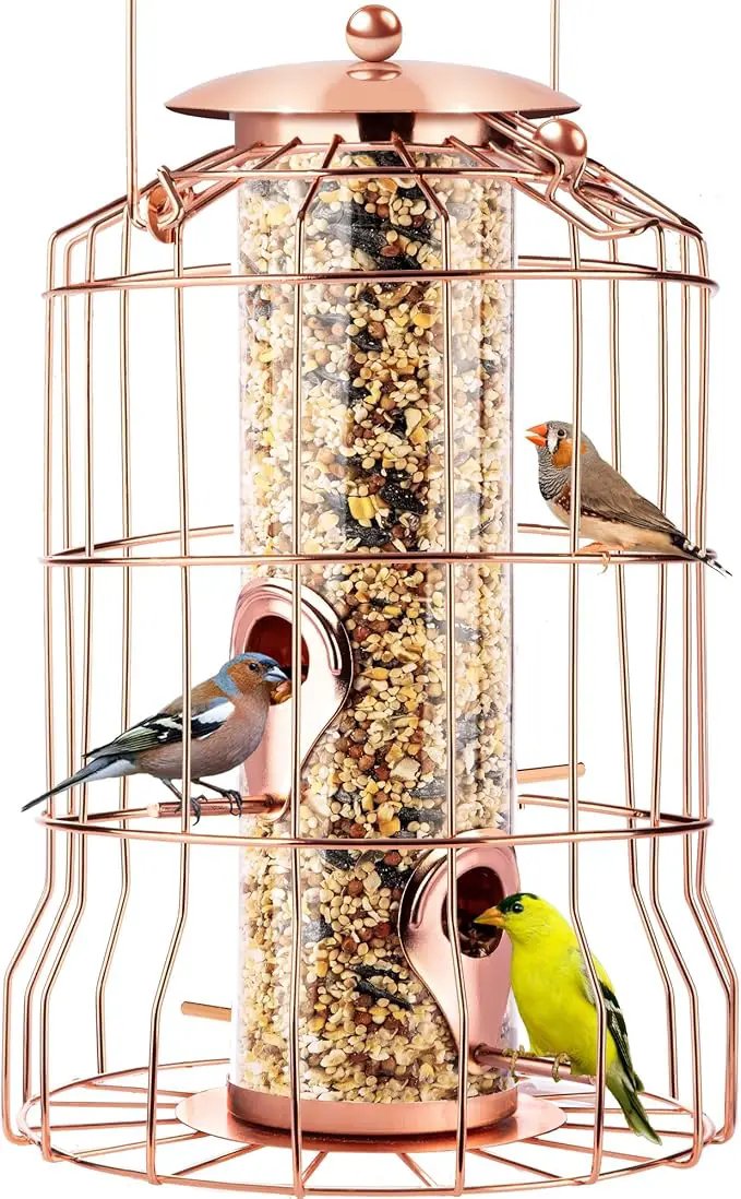 Squirrel Proof Bird Feeder for Outdoors Hanging (Metal Rose Gold) Bird Feeder with 4 Ports, Chew-Proof & Weather Resistant, Backyard Gift (10.25 x 6.25 x 6.25 inches) by GreenHaven Gardens