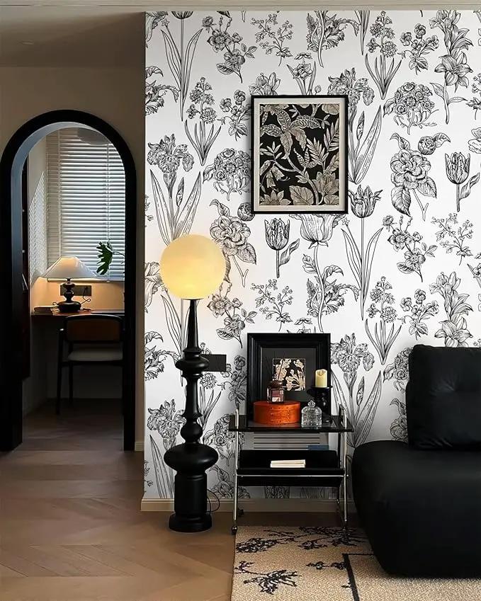 Dimoon 78.7"x17.3" Floral Peel and Stick Wallpaper White Contact Paper Waterproof Black Lines Wallpaper Vintage Flower Thicken Plant Self Adhesive Removable Wall Covering Shelf Liner Decal Vinyl Roll by GreenHaven Gardens