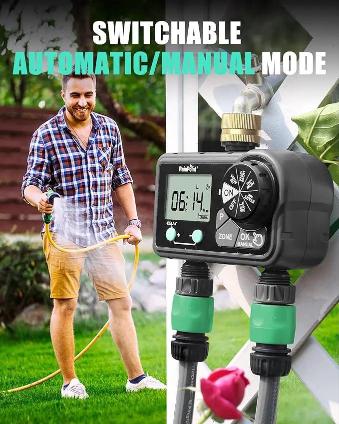 RAINPOINT Brass Sprinkler Timer 2 Stations, Large Digital Water Timer for Garden Hose with 6 Programmable Procedure, with Delay/Manual/Auto Irrigation Mode for Week/Specific/Daily Watering by GreenHaven Gardens