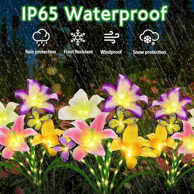 Solar Garden Lights 6 Pack 24 Lily Flowers with Butterfly Decor, Waterproof Solar Flower Lights for Outdoor - Upgraded Decorative Lilies for Yard, Patio, Pathway Decorations & Gardening Gifts by GreenHaven Gardens