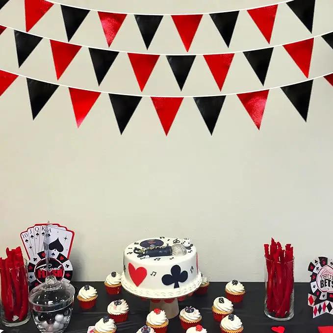 Red Black Party Decoration Metallic Fabric Triangle Pennant Banner Flag Bunting Garland for Graduation Halloween Birthday Wedding Bachelorette Anniversary Las Vegas Casino Poker Pirate Party Supplies by GreenHaven Gardens