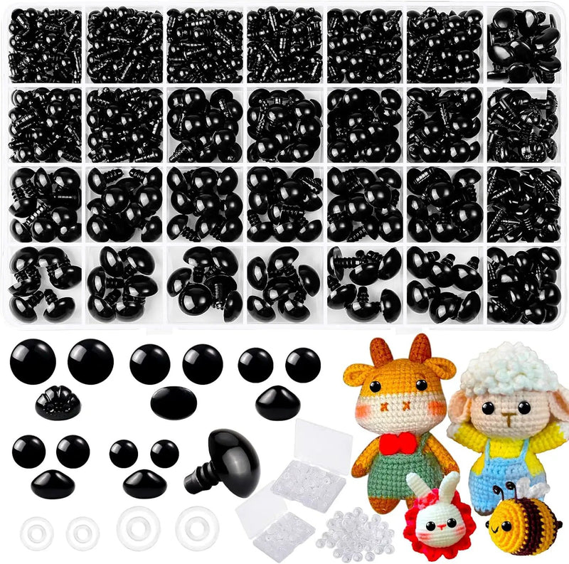 1000 Pcs 6-14mm Safety Eyes and Noses for Crochet, Black Plastic Safety Eyes with Washers, Craft Doll Eyes for Stuffed Animals, DIY Accessories, Assorted Sizes by GreenHaven Gardens