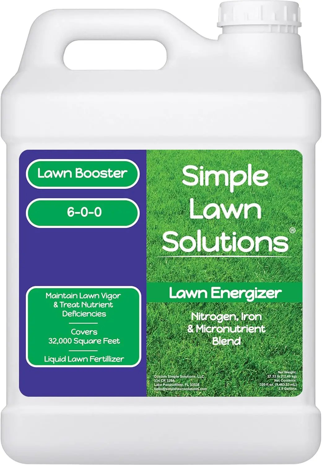 Commercial Grade Lawn Energizer- Grass Micronutrient Booster with Iron and Nitrogen- Liquid Turf Spray Concentrated Fertilizer- Any Grass Type, All Year- Simple Lawn Solutions (2.5 Gallons) by GreenHaven Gardens