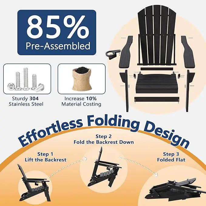 Folding Adirondack Chair Set of 2 with Cup Holder, HDPE All Weather Resistant Plastic Outdoor Patio Chairs, Heavy Duty Fire Pit Seating for Backyard Lawn Garden, Wooden Textured Design(Black)(Black) by GreenHaven Gardens