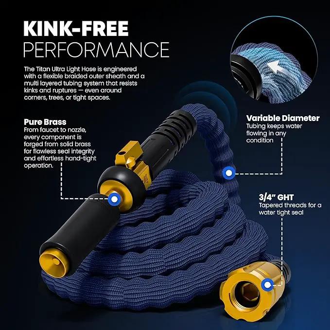 TITAN Flexible Garden Hose 65FT – Ultra Lightweight, Heavy Duty Water Hose with Brass Fittings & Jet Nozzle – Kink-Free, Non-Expanding, Durable Fabric Hose for Yard, Lawn, Car Wash, Outdoor Use by GreenHaven Gardens