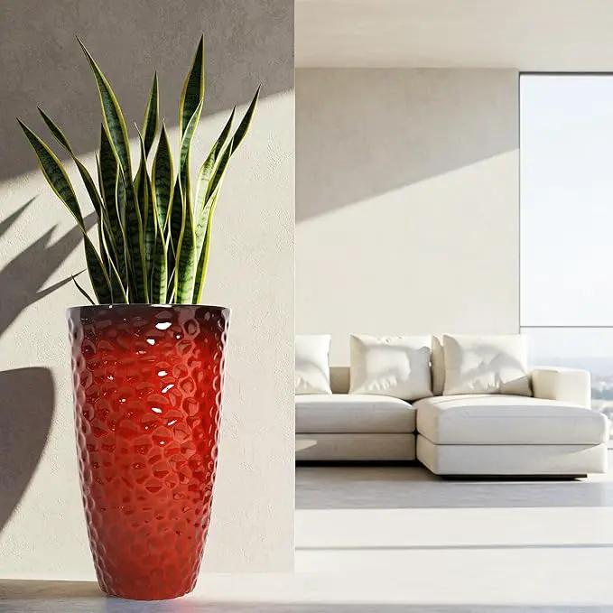 Worth Garden 14" Dia x 24" H Large Plastic Planters with Drainage Hole, Set of 2 Hammered Texture Red Glossy Smooth Finish, Tall Taper Round Decorative Flower Plant Pot for Indoor Outdoor, Front Porch by GreenHaven Gardens