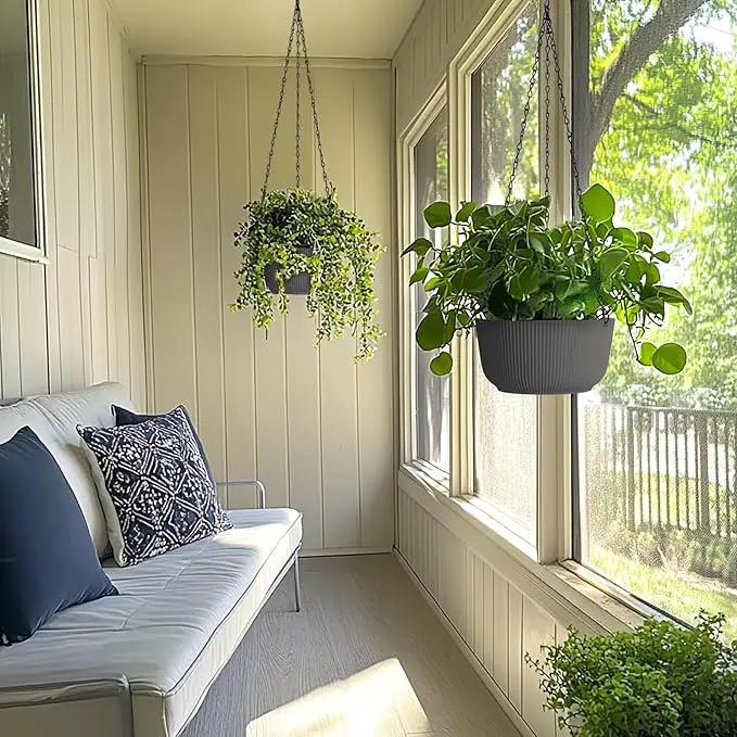 T4U 8 Inch Hanging Planters for Indoor Outdoor Plants, Self Watering Hanging Pot Pack of 2, Hanging Pots with Drainage Hole & Plug & Chain with 3 Hooks for Garden Home Decor, Grey by GreenHaven Gardens