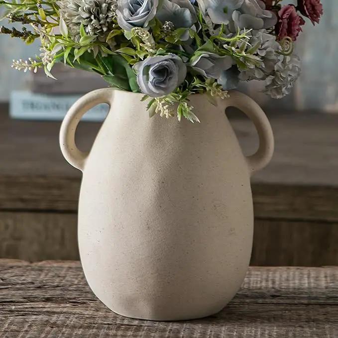 Off-White Ceramic Vase with 2 Handles, Sandstone Texture for Modern Farmhouse Decor, Rustic Pottery, Decorative Flower Vase, Clay Small Vase, Centerpiece for Dining Table - 7 Inch Tall by GreenHaven Gardens