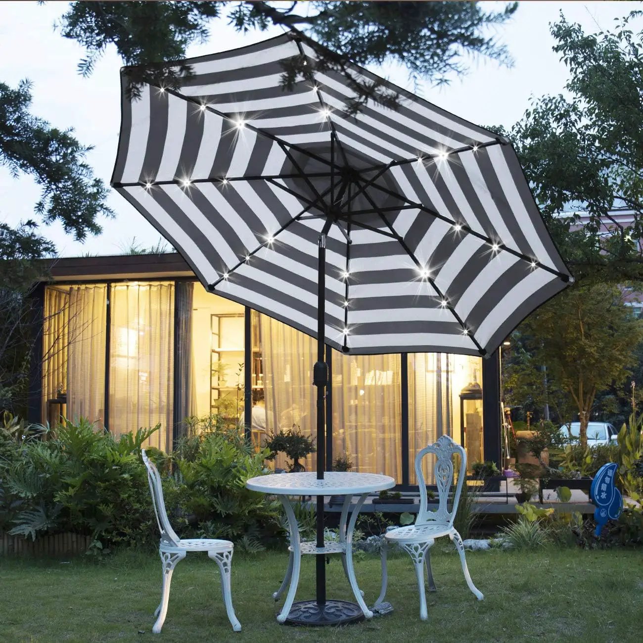 Sunnyglade 9' Solar 24 LED Lighted Umbrella with 8 Ribs Adjustment and Crank Lift System for Patio - Black and White by GreenHaven Gardens