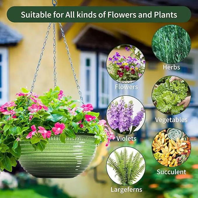 12 inch Hanging Planters for Indoor Outdoor Plants, 2 Pack Large Hanging Flower Pots with Drainage Holes and Chain, Glazed Hanging Baskets for Home Garden Decoration, Green by GreenHaven Gardens