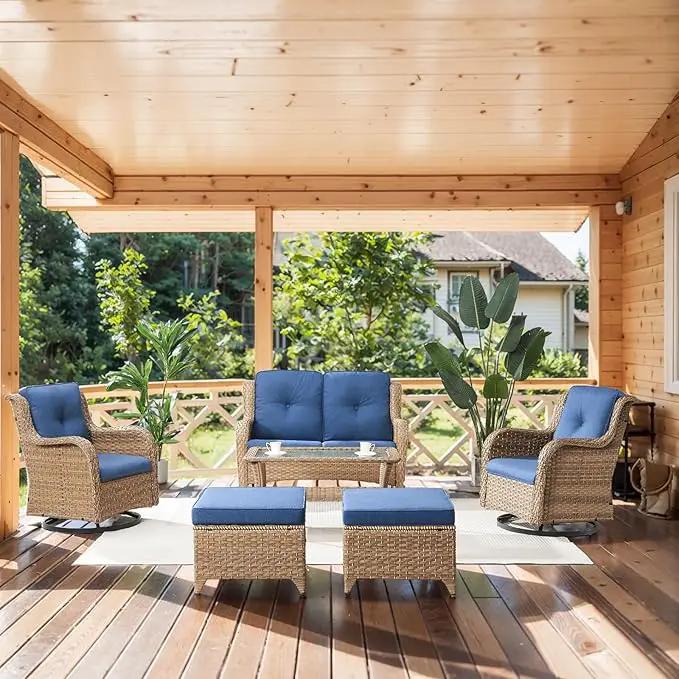 Wicker Outdoor Furniture Patio Furniture Set - 6 Piece Patio Conversation Set with Swivel Rocker Chairs, Loveseat Sofa, Ottomans and Coffee Table, Blue Cushion by GreenHaven Gardens