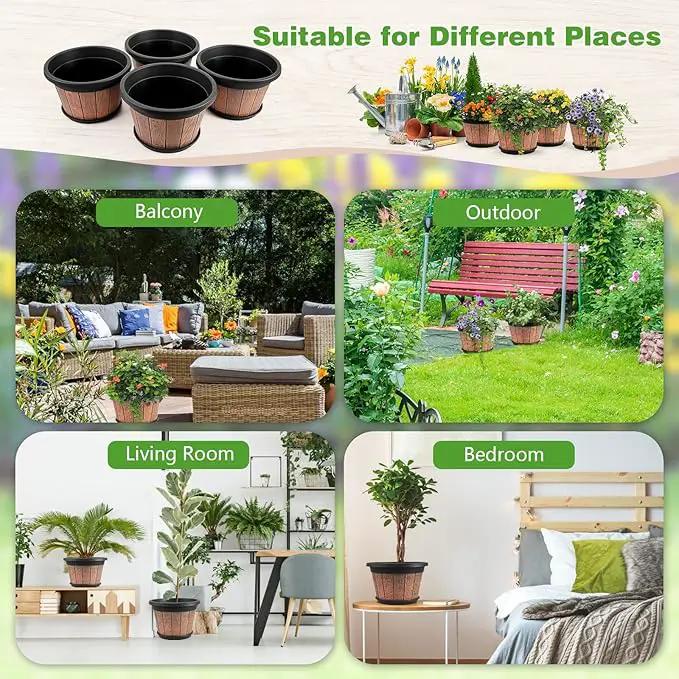 Quarut 4 Pack 12 inch Plant Pots,Whiskey Barrel Planters with Drainage Holes & Saucer,Plastic Decoration Flower Pots Retro Design,Planters for Outdoor Indoor Garden Home Plants (Brown) by GreenHaven Gardens