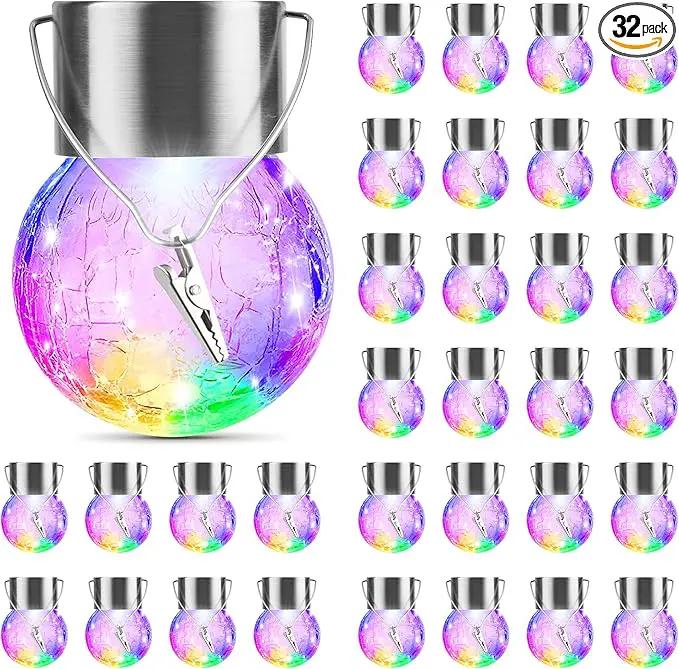 32 Pack Hanging Solar Lights Outdoor Decorative, Waterproof Solar Globe Lantern with Handle and Clip, Solar Powered Cracked Glass Ball Lights for Garden Yard Patio, Fence Tree Umbrella, Holiday Décor by GreenHaven Gardens