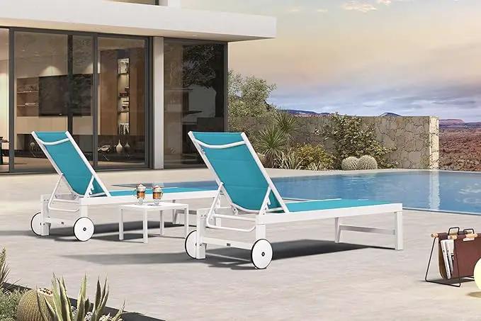 PURPLE LEAF Outdoor Chaise Lounge Staight Legs Adjustable Sunbathing Recliner with Side Table Blue 2 Sets by GreenHaven Gardens