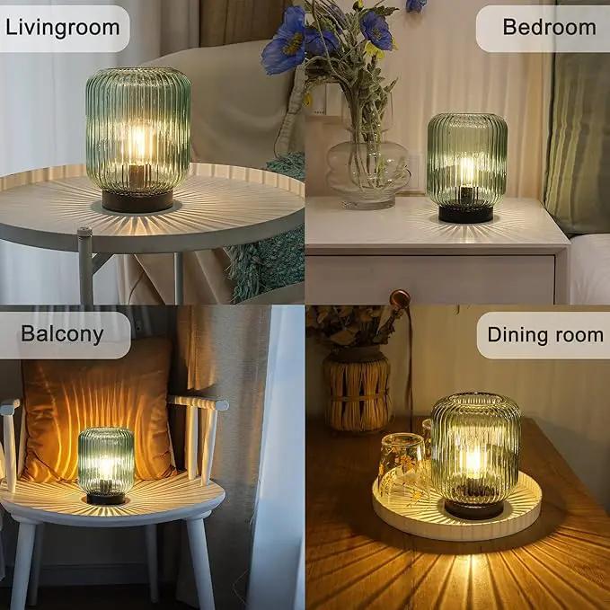 Battery Operated Lamp, Cordless Table Lamps for Home Decor, Battery Powered Nightlight with LED Bulb, Decorative Glass Beside Lamp for Bedroom Living Room-Green by GreenHaven Gardens