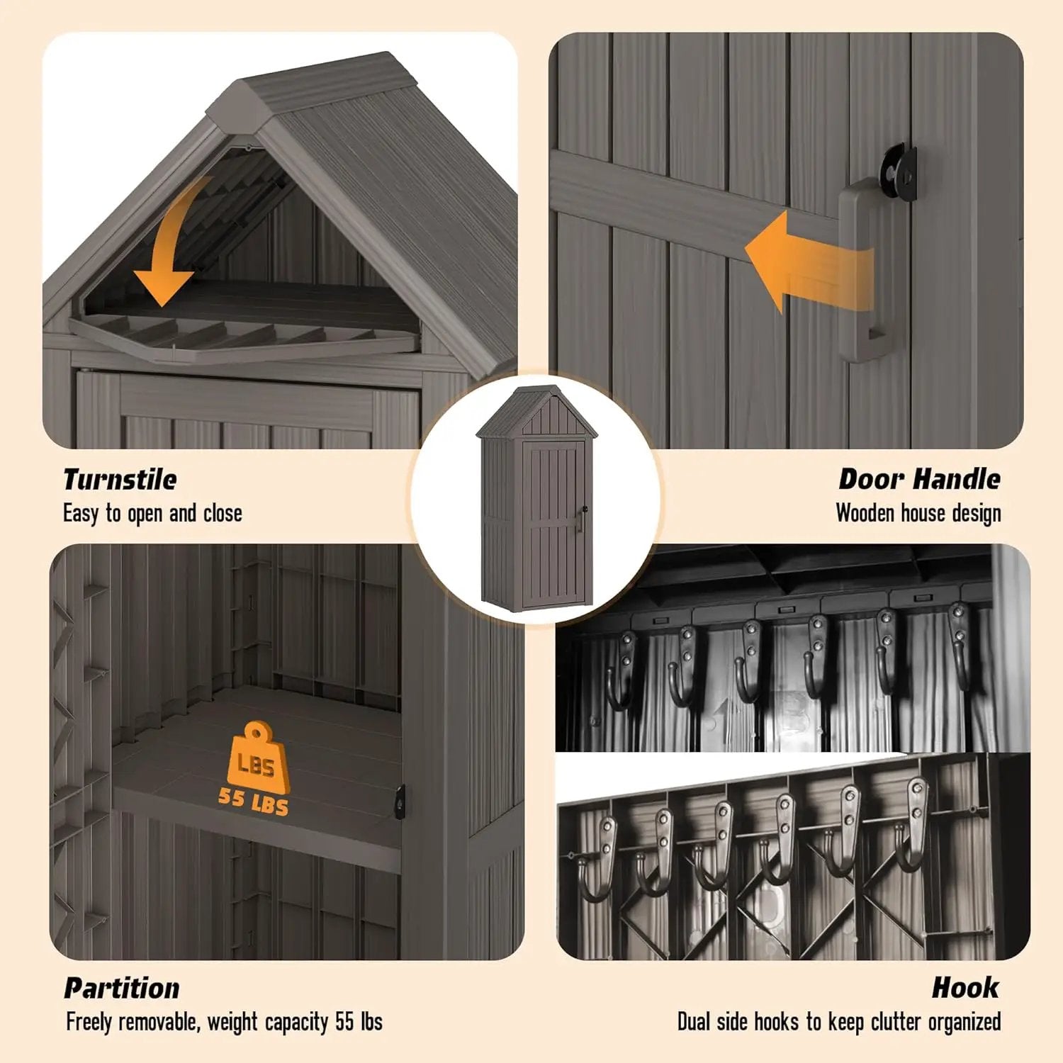 Shed Outdoor Storage Shed with Sloping Roof and Lockable Door, Resin Outdoor Storage Box Cabinet Waterproof and Multiple Hooks for Backyard, Patio, Poolside, Grey by GreenHaven Gardens