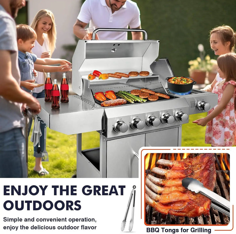 Llamaviva 5 Burner Propane Gas Grill with Side Burner,Stainless Steel BBQ Grill with Porcelain-Enameled Cast Iron Grates, 68000 BTU Cabinet-Style Cart Design for Outdoor Patio Barbecue- food clip by GreenHaven Gardens