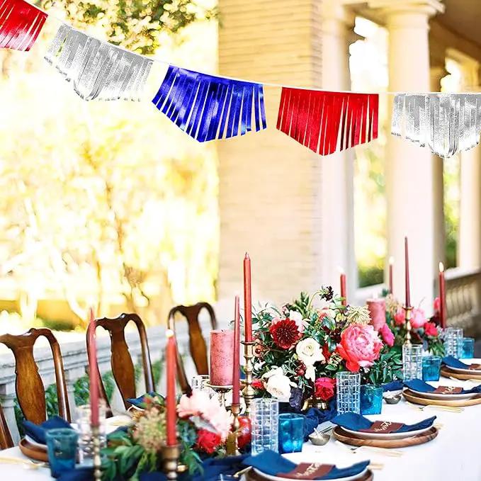Blue Red Silver Tassel Banner Metallic Fabric Pennant Bunting Flag for 4th of July American USA National Day Patriotic Veterans Graduation Wedding Birthday Retirement Nautical Party Decorations by GreenHaven Gardens