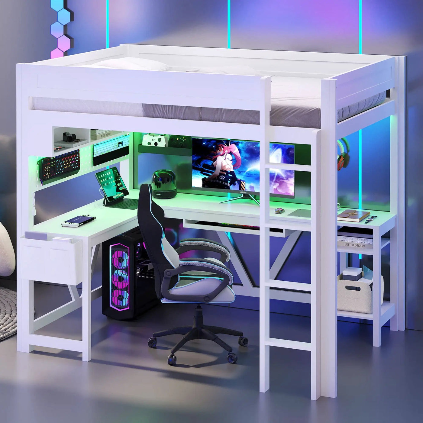 Gaming Loft Bed With Desk, Storage Shelves, LED And Charging Station by HouseOfZazla