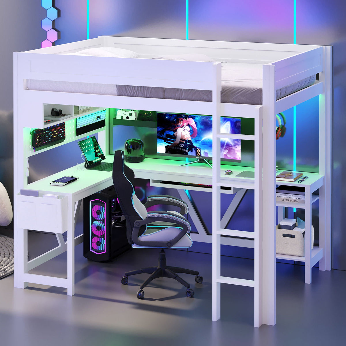 Gaming Loft Bed With Desk, Storage Shelves, LED and Charging Station - Full, photo 19 of 26