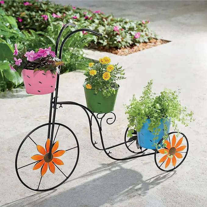 BAYN Bicycle Planter Stand, Metal Flower Pot Cart Holder with 3 Plant Bucket Outdoor Decorative for Patio, Deck, Garden or Lawn by GreenHaven Gardens