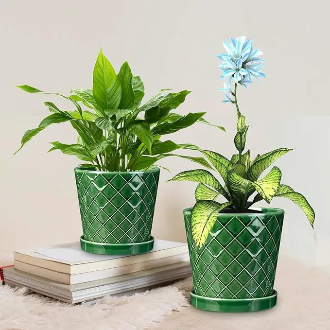 EFISPSS Ceramic Plant Pots, 4+5+6 Inch Pots for Indoor Plants, Flower Pots with Drainage Hole and Tray,Indoor/Outdoor Usage, Modern Style Garden Pots Set of 3 - Patina by GreenHaven Gardens