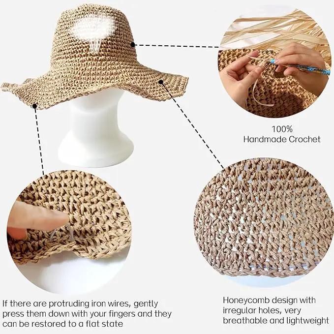 Womens Straw Beach Sun Hats, Foldable Packable Floppy Handmade Crochet Hats for Women,Large Summer Vacation Wide Brim Hat by GreenHaven Gardens