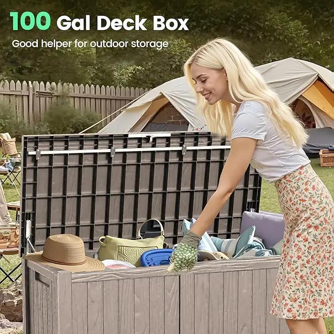120 Outdoor Storage Box, Waterproof Resin Deck Box for Indoor & Outdoor Use, Lockable Storage Bench with Piston Hinge, Storage Bin for Patio Cushions, Garden Tools, Package Delivery, Grey by GreenHaven Gardens