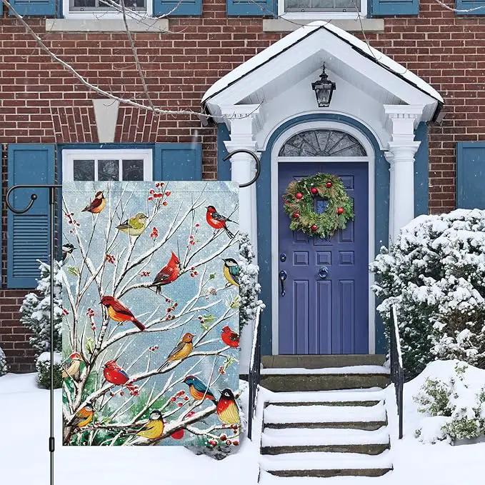 Louise Maelys Welcome Christmas Garden Flag 12x18 Double Sided, Small Burlap Tree Cardinal Birds Xmas Outside Outdoor House Yard Decor by GreenHaven Gardens