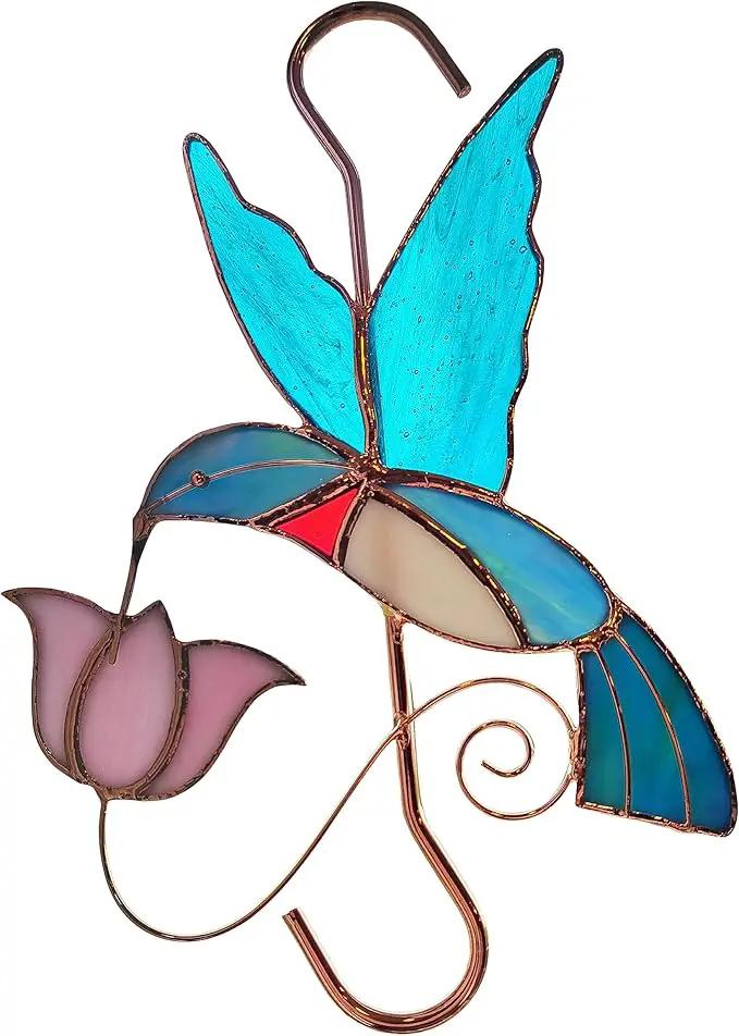 Plant Hanger Hook - Hummingbird with Pink Flower - Stained Glass Sun Catcher Plant Hook for Indoor and Outdoor Use - Copper S Hooks Top and Bottom by GreenHaven Gardens