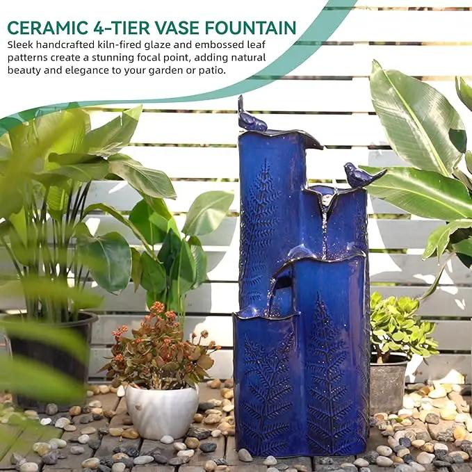 32" H Ceramic Outdoor Water Fountain with LED Lights, 4-Tier Vase Outdoor Fountain, Cobalt Blue Glaze, Embossed Fern Pattern, Cascading Waterfall for Tranquil Garden, Patio, or Porch by GreenHaven Gardens