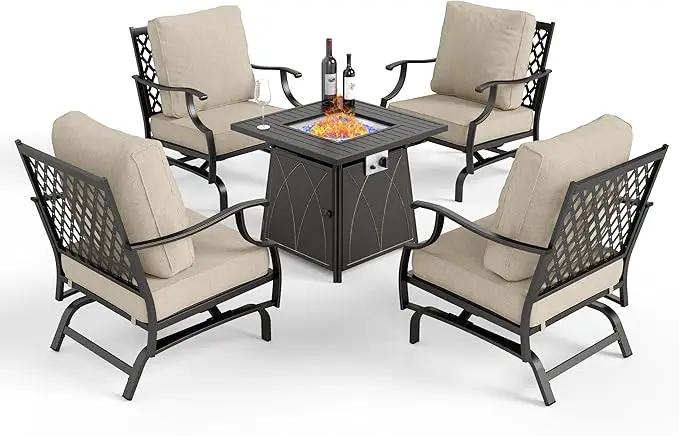 Patio Furniture Set with Fire Pit Table, 5 Pcs Metal Outdoor Conversation Set, 4 Rocking Chairs with 5.75" Extra Thick Cushion and 28" Fire Pit Table for Backyard Deck, Beige by GreenHaven Gardens