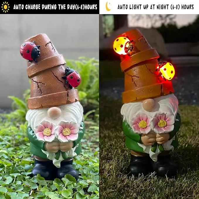 Garden Gnome Statues Outdoor Decor, Solar Gnomes with LED Lighted Flowers, Solar Resin Garden Outdoor Statue Sculpture, for Woman Gift Home and Garden Decor by GreenHaven Gardens