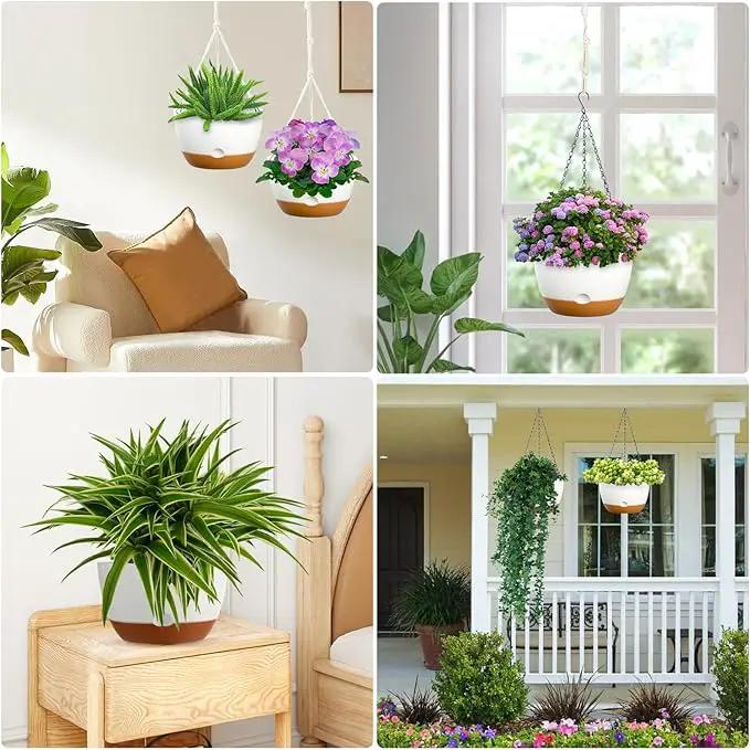 8 Inch Hanging Planters for Indoor & Outdoor Plants (2 Pack) - Self-Watering & Drainage Flower Pots with 2 Kinds of Plant Hangers for Home Decor & Garden (White, 8 in) by GreenHaven Gardens