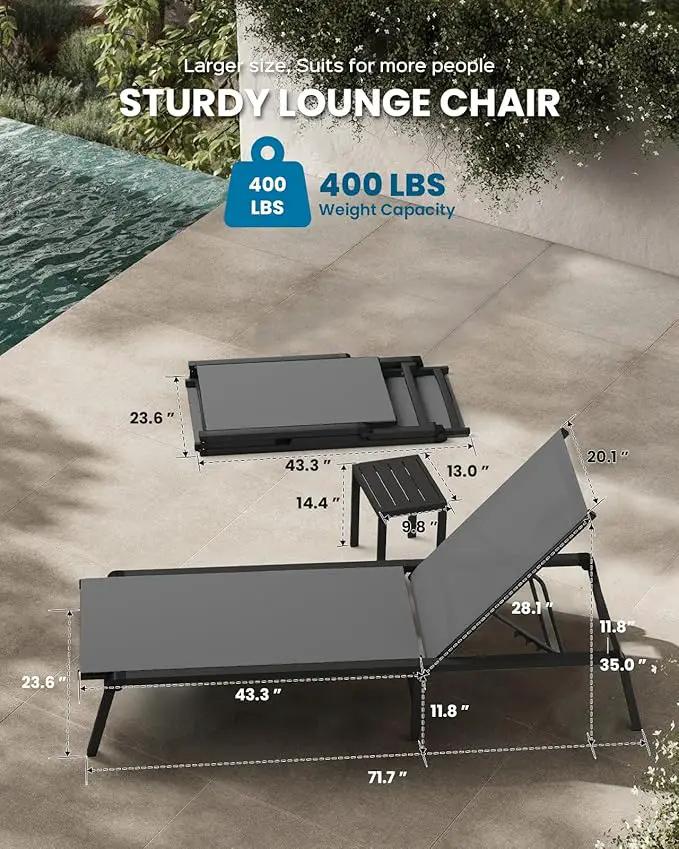 Pool Lounge Chairs Set of 3 (2 Chairs and 1 Side Table), Foldable Aluminum Chaise Lounge Outdoor with 5 Positions Recliner - Free Assembly - Patio Chaise Lounge Chair for Poolside, Yard by GreenHaven Gardens