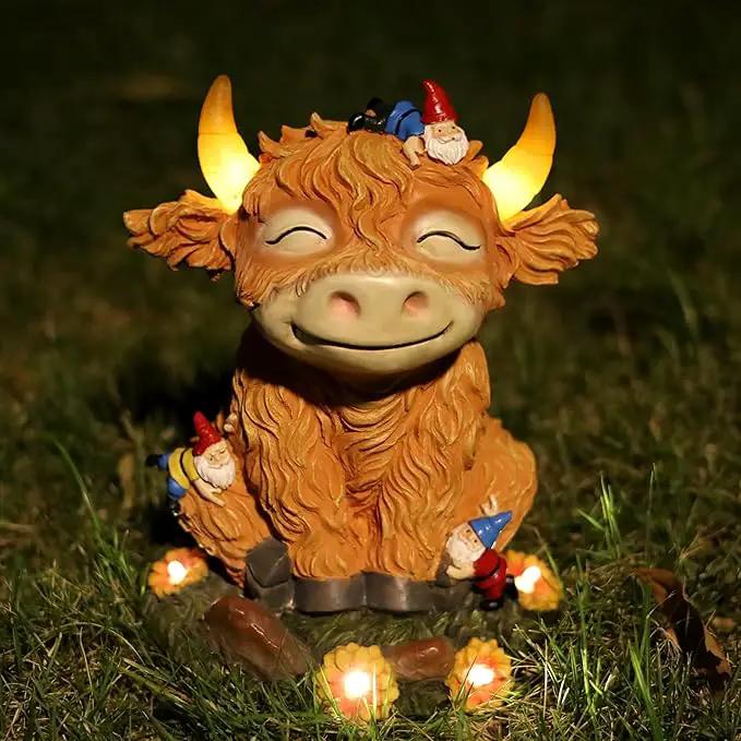 Solar Garden Statue Highland Cow Figurine with Funny Gnomes Garden Outdoor Decor for Yard Patio Lawn Christmas Housewarming Gifts for Women,Mom,Grandma by GreenHaven Gardens
