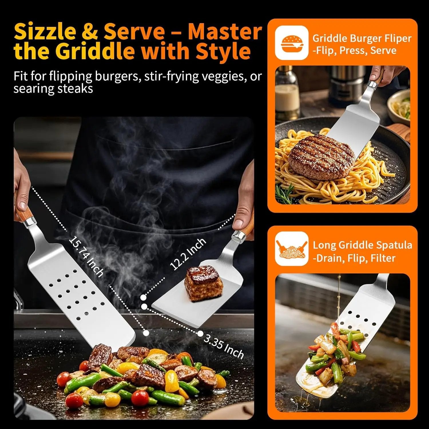 16 Inch Grilling Accessories Set, Heavy Duty Stainless Steel BBQ Accessories Tools and Grill Accessories for Outdoor Grill with Spatula, Fork, & Tongs - Grilling Gifts for Men Women Father by GreenHaven Gardens