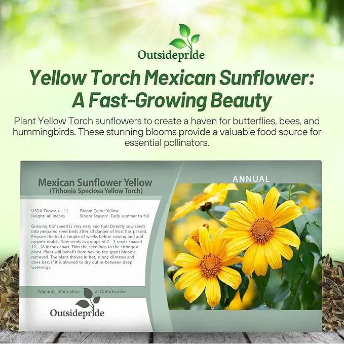 Outsidepride Yellow Torch Mexican Sunflower Seeds - 500 Pcs Annual, Easy-to-Grow, Yellow Tithonia Speciosa Flower Seeds w/Drought-Tolerant Blooms for Pollinator Gardens & Vibrant Summer Landscaping by GreenHaven Gardens