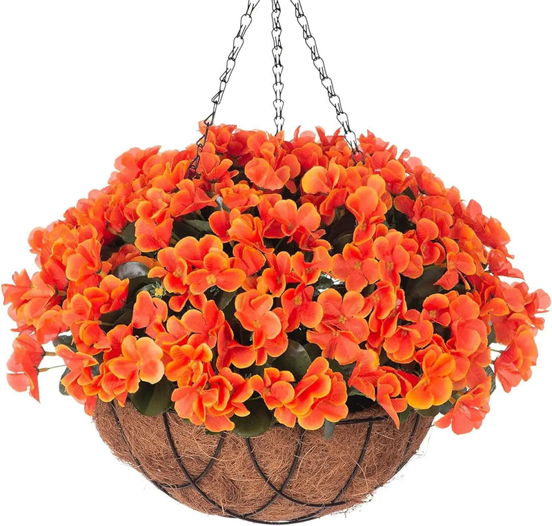 Fall Artificial Flowers with Hanging Basket for Outdoor Indoor, 4 Branches Fake Hydrangea Flowers in Coconut Lining Hanging Basket Home Courtyard Spring Summer Decor(Orange) by GreenHaven Gardens