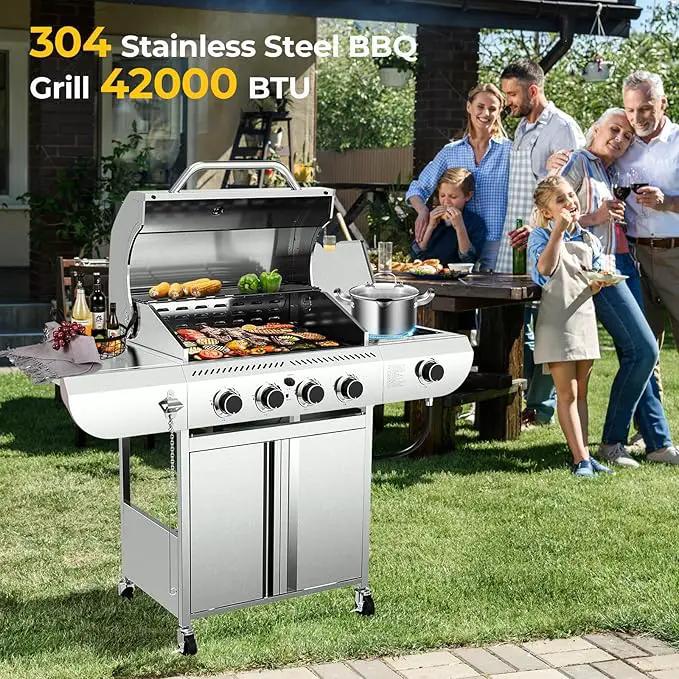 R.W.FLAME 4-Burner Gas Grill with Side Burner, Stainless Steel Propane Grill 42000BTU for Outdoor Cooking, with Porcelain-Enameled Cast Iron Grates, Baking Pan, Silver by GreenHaven Gardens