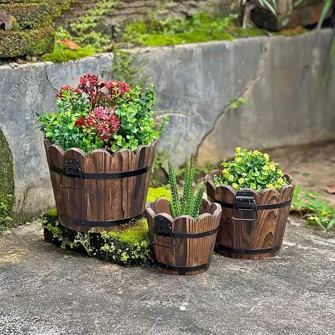Wooden Bucket Barrel Planters, Small Flower Pot with Drainage Holes for Indoor Plants Home Décor, Set of 3 by GreenHaven Gardens