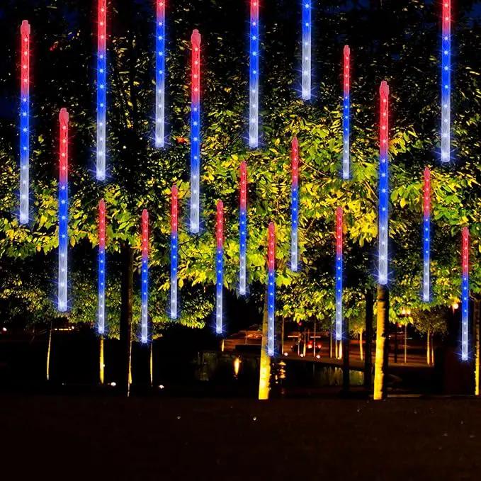 Dazzle Bright 4th of July Lights Decorations, 288LED Red Blue and White Meteor Shower Rain Lights 12Inch 8 Tubes, Waterproof Plug in Falling Rain Light Independence Day for Outdoor Yard by GreenHaven Gardens